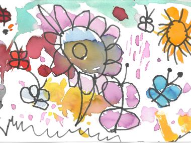 Børnetegning med blomster og sommerfugle